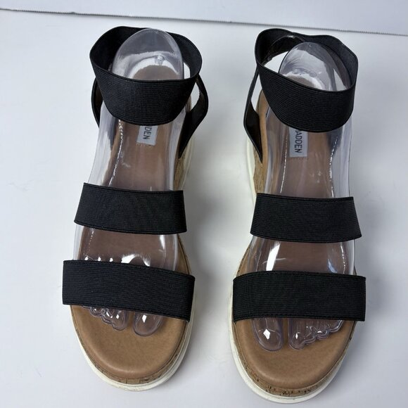 Steve Madden Black Bandi Platform Wedge Strappy Cork Sandal Size 8.5 Casual Boho - Picture 1 of 10